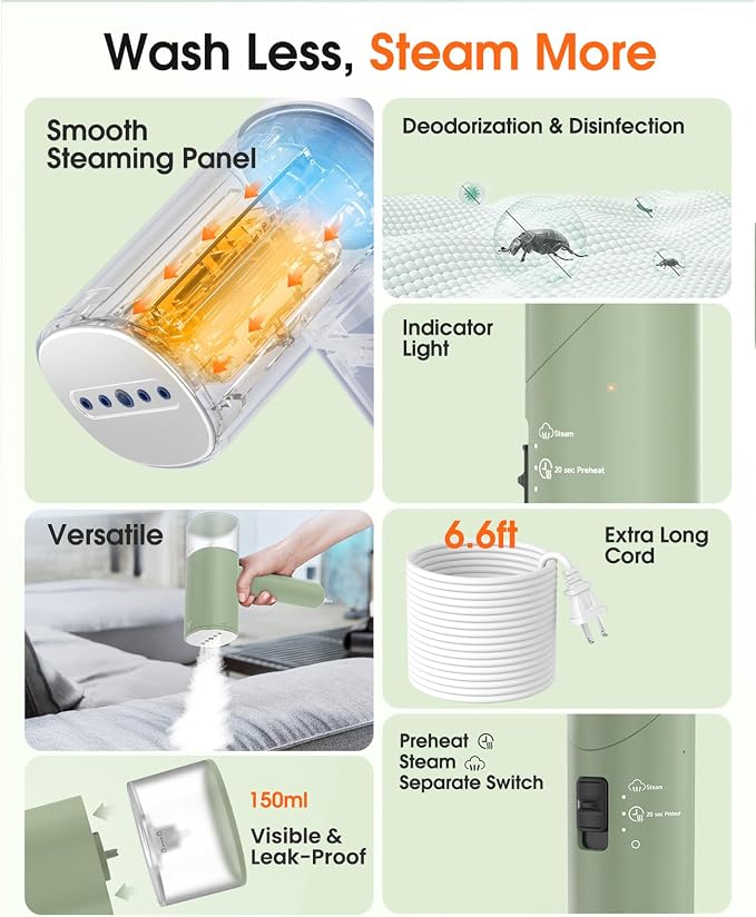 Handheld Steamer for Clothes, 1200W Foldable Travel Steamer, 20 Sec Preheat Garments Wrinkle Remover, 120V Portable Hand Iron with 150ml Water Tank, Clothes Steamer for Home Travel Green