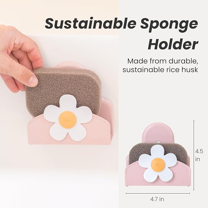 Vigar Florganic Bundle of 2 - Daisy-Shaped Dish Brush with Vase Holder + Daisy Sponge Holder with Suction Cup and Sponge for Kitchen Sink Caddy