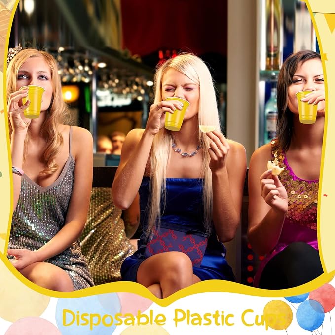 Sabary 100 Pack 12oz Plastic Cups Yellow Graduation Heavy Duty Drinking Disposable Cups with Lines for Beverage Holiday Wedding Camping Barbecues Birthday Party Outdoor Picnic(Yellow and White)