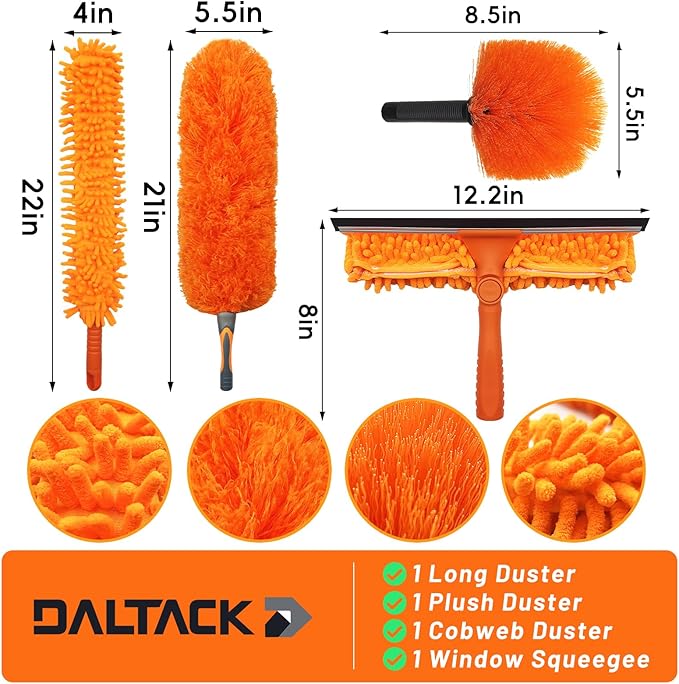 DALTACK 32 Foot High Dusters Kit for Cleaning with 5.6-24 Foot Heavy Duty Extension Pole, Extendable Reusable Cobweb, Feather, Ceiling Fan Cleaner Duster, Window Squeegee Kit