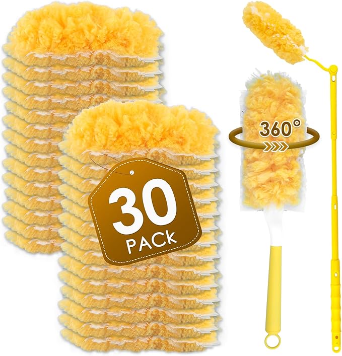 30 Count Feather Duster Refills for Swiffer Dusters Handle, 360 Degree Multi-Surface Duster Refill Kit with 1 Extended Handle and 1 Short Handle, Disposable Dust Removal Brush Heads for Electronics