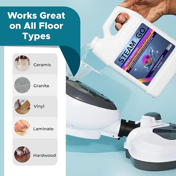 Steam & Go - The Housekeeper Steam Cleaner For Floors & Demineralized Water Bundle, 10-in-1 Hard Floor Cleaner Machine & Grout Steam Cleaner with Floor Cleaning Solution, 32 oz, Hotel California Scent