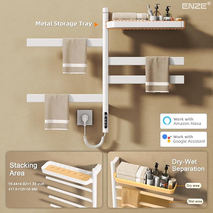 ENZE Smart Rotating Heated Towel Rack for Bathroom, 4-Bar Wall-Mounted Electric Towel Warmer with Swivel Shelf, Wi-Fi App Control, 24H Timer, Stainless Steel, IPX5, Hardwired/Plug-in, White