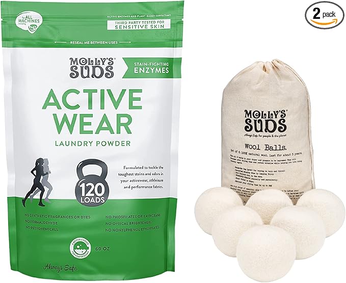 Molly's Suds Activewear Laundry Detergent (120 Loads) & XL Wool Dryer Balls (White) Bundle