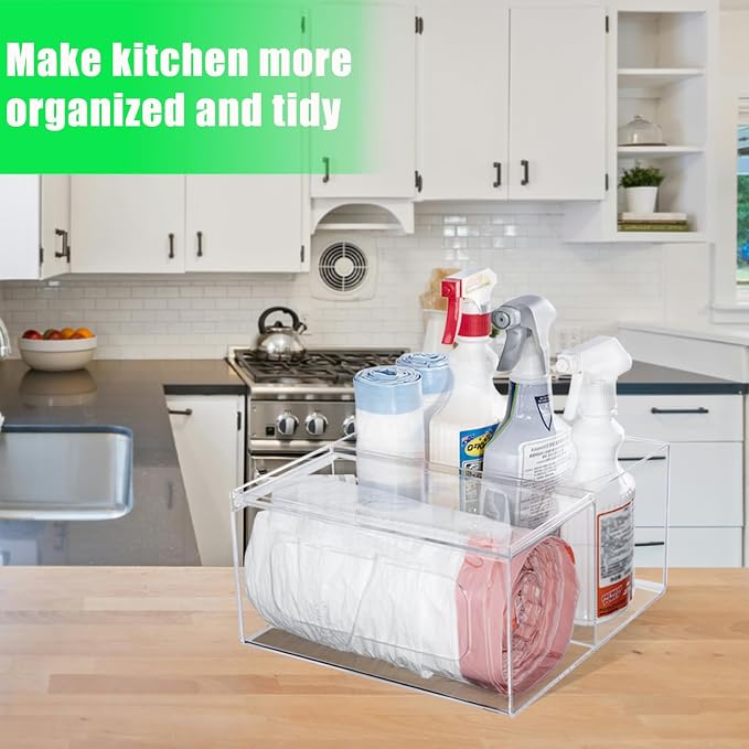 Acrylic Trash Bag Holder Dispenser Kitchen and Bathroom Organizers and Storage - Large Garbage Bag Dispenser Under Sink - Clear Laundry Room Organization with Lid