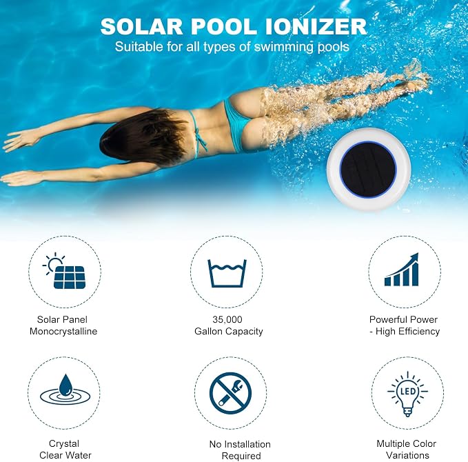 Solar Pool Ionizer for Above Ground Pool with Auto LED Light for Inground Pool Up to 35,000 Gal Floating Pool Cleaner Ionizer for Pool Solar Copper Pool Ionizer