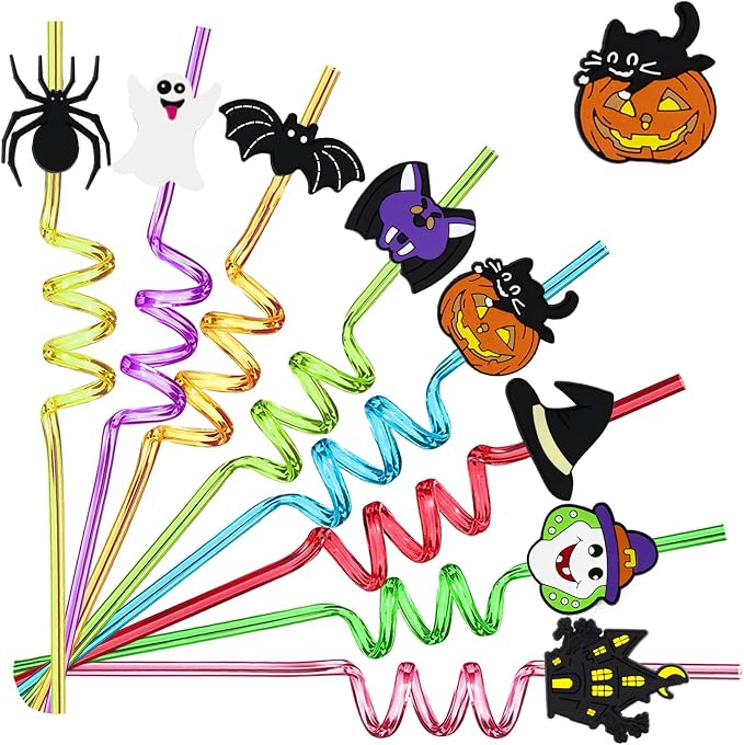 24pcs Halloween Party Favors Bat Pumpkin Ghost Cat Witch Spider Ghost Pattern Reusable Straws Party Gift Halloween Party Supplies with 2 Cleaning Brushes 8 Color.