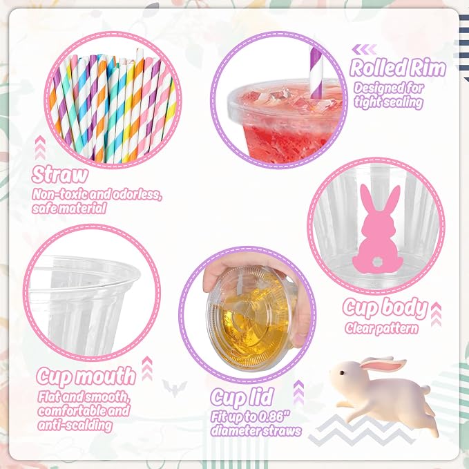 Whaline 60Pcs 9Oz Easter Disposable Plastic Cups with Lids and Straws Candy Color Bunny Rabbit Cold Beverage Drinking Cups for Iced Coffee Smooth Juice Tea Milkshake