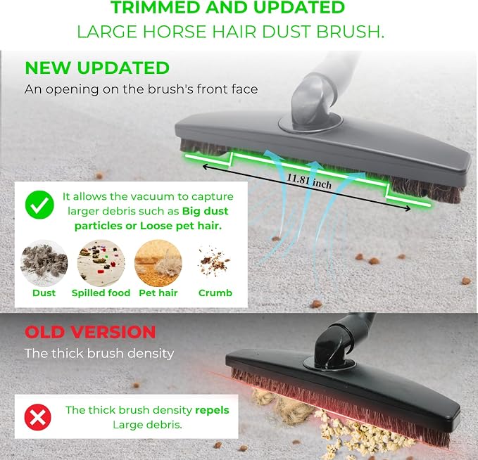 Replacement Vacuum Brush Head With 32MM Connection & 1-3/8-Inch to 1-1/4-Inch Adapter | Works on Low Carpet & All Floors | Horse Hair Hardwood Vacuum Attachment