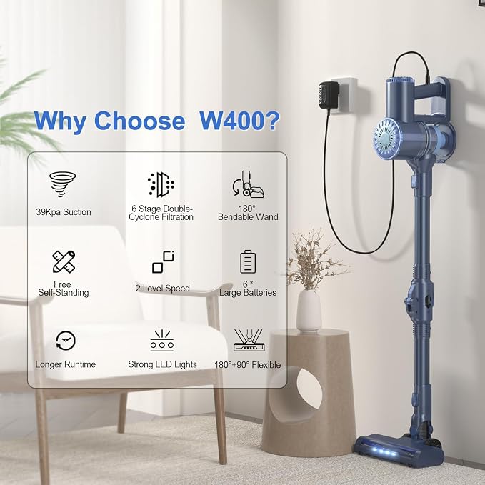 PRETTYCARELIFE 6-in-1 Cordless Vacuum Cleaner,Stick Vacuum with 180° Bendable Wand,High Power/Powerful Suction/Long Runtime,Self-Standing Wireless Vacuum for Hardwood Floor (Blue)