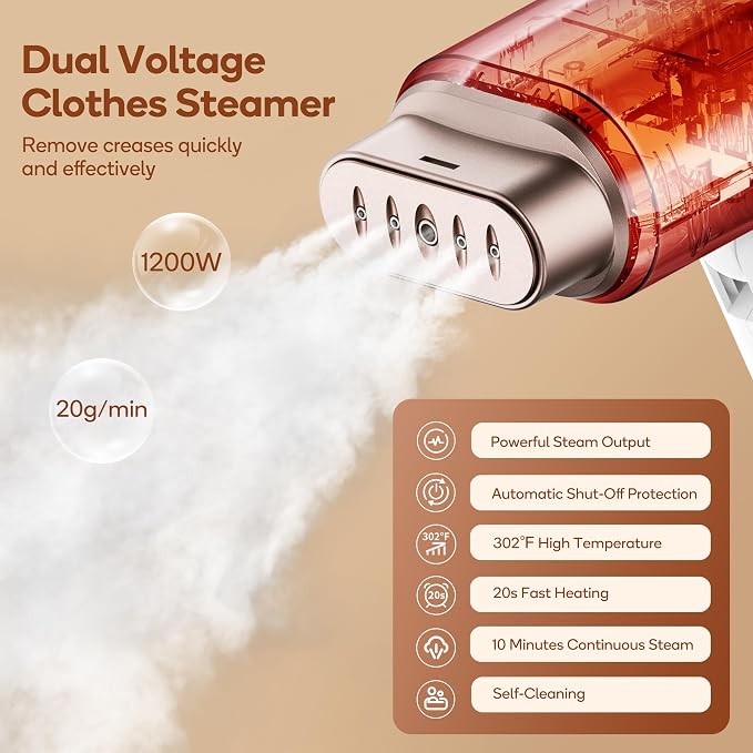 Newbealer Pro Business Travel Steamer, 1200W Dual Voltage, 180ml (Gold) | Foldable & 20s Fast Heat, 360° Anti-Spill Garment Steamer, Solid 1.72 lbs, Auto-Off, for Global Business Trip/Hotel/Office