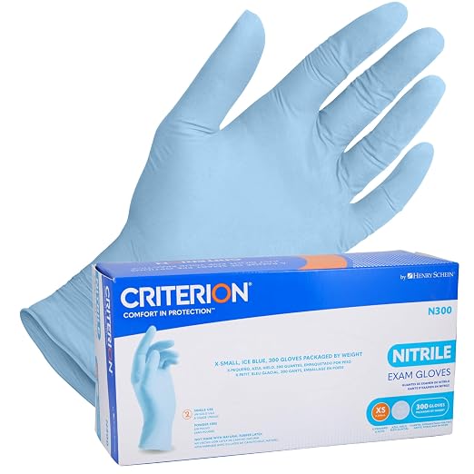 Henry Schein Criterion N300 Nitrile Exam Gloves – X-Small, Ice Blue, 300/Box – Chemo Tested, Latex-Free, Chlorinated, Textured Fingers, 2.76 Mil Finger Thickness, Beaded Cuff, Non-Sterile, Disposable