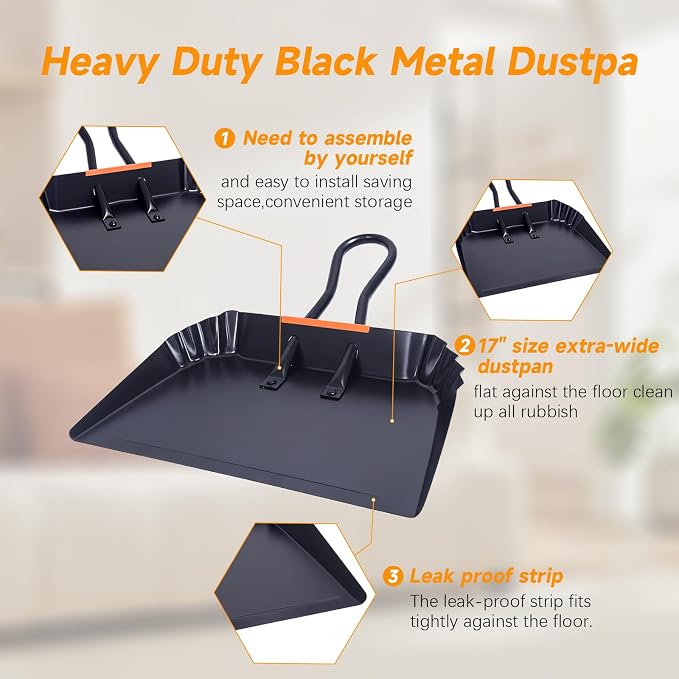 Heavy-Duty Black Metal Dustpan, 17 Inch Large Dust Pan with Handle, Ideal for Industrial Commercial Professional Debris Collection & Home Cleaning