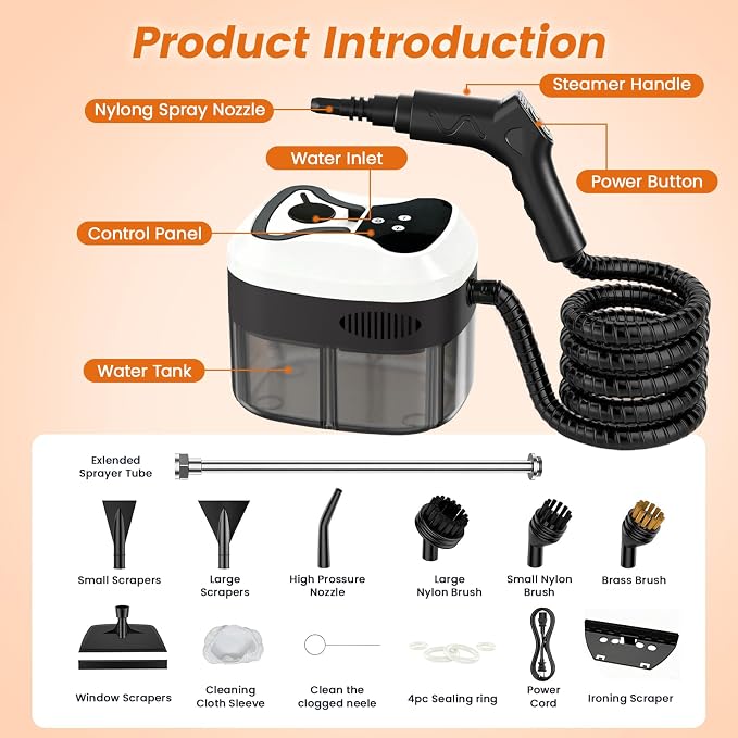 Handheld Steam Cleaner, 6-Level Adjustable Handle, 15s Heat-Up, 1800W High-Pressure Steamer for Cleaning with 1.6L Large Tank, Portable Steam Cleaner for Home, Car, Grout, Couch, Floor (White)