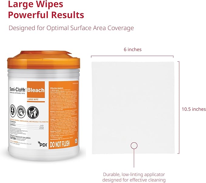 Sani-Cloth Bleach Disposable Wipes, Full Case, Hospital-Grade Surface Disinfecting Wipes for Healthcare and Bathroom, Large Wipe, 6" x 10.5", 75 Wipes per Canister, 12 Canisters Total, 900 Total Wipes