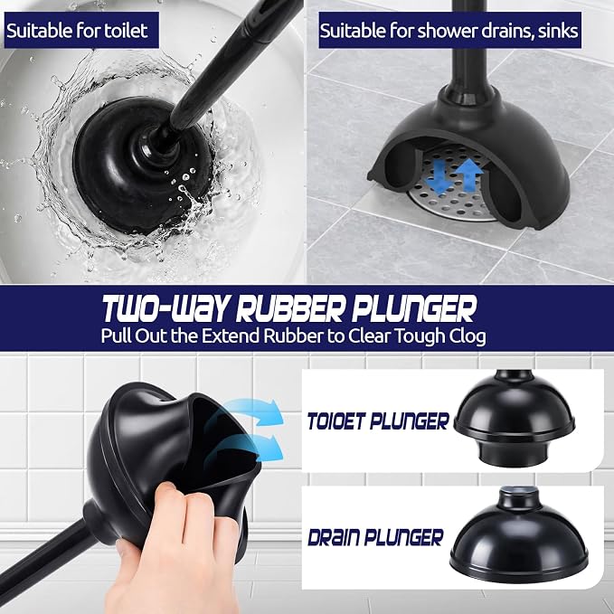 Reallnaive 4 Set Toilet Plunger and Brush Set with Ventilated Holder 2 in 1 Toilet Bowl Brush and Heavy Duty Plunger Combo Bathroom Cleaning Kit for Home and Commercial Bathrooms Drainage(Black)