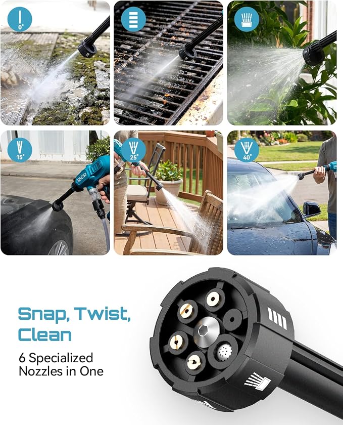 SEESII Cordless Pressure Washer, Portable Power Washer with 4000mAh Battery, Electric Washer Gun with 6-in-1 Nozzle & 27FT Hose, Handheld Power Cleaner for Car, Driveway, Garden, Patio and Fence