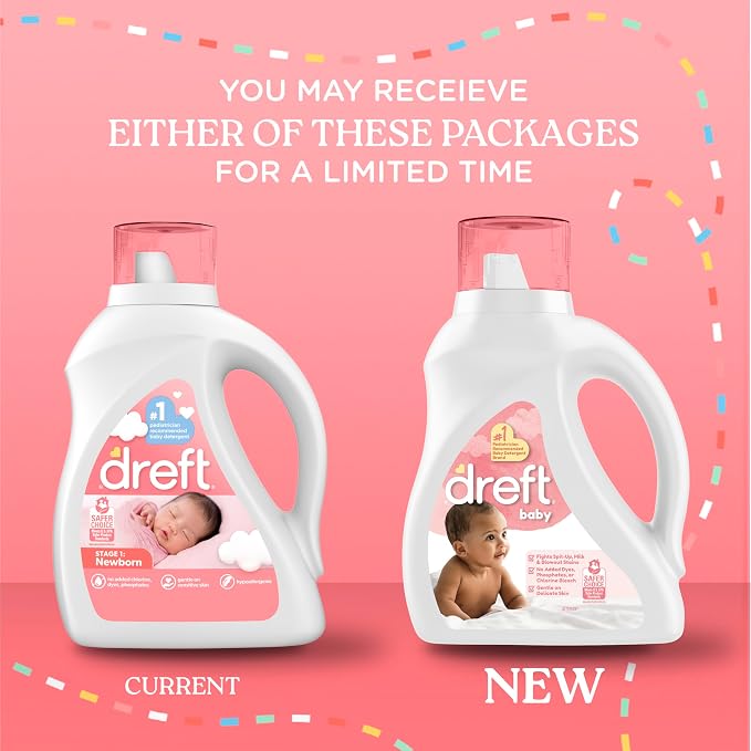 Dreft Baby Liquid Laundry Detergent, Gentle on Sensitive Skin Laundry Soap, 42 fl oz, 32 Loads, Pack of 2 (Packaging May Vary)