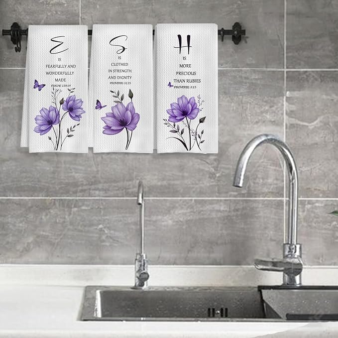 Purple Floral Christian Kitchen Towels, Inspirational Bible Verses Hand Towels for Bathroom Decor, Christian Gifts for Women, Religious Decor Dish Tea Towels for Kitchen, 16x24 Inch Set of 3