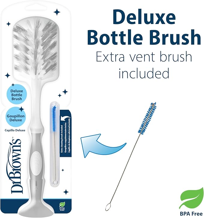 Dr. Brown's Deluxe Bottle Brush for Cleaning Baby Bottles, Nipples, and Sippy Cups with Suction Cup Stand and Vent Brush, BPA-Free, Gray, 1-Pack