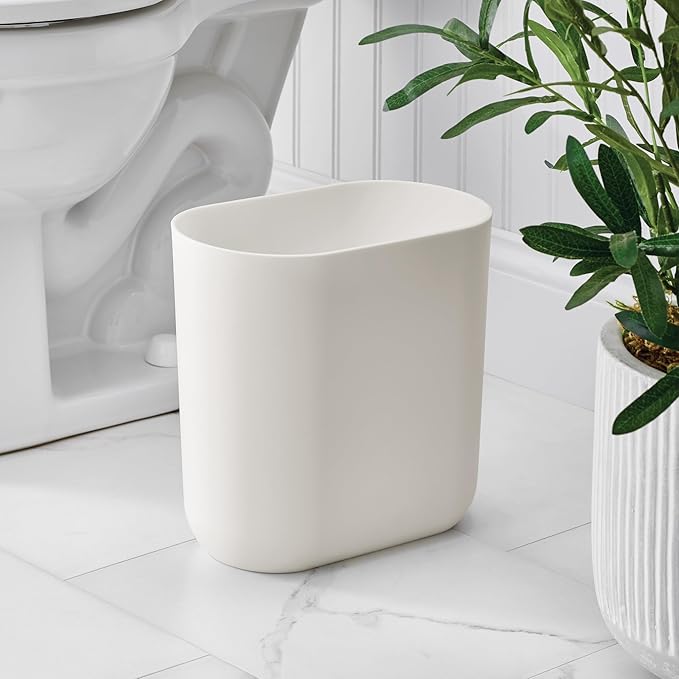 iDesign Small Slim Plastic Bathroom Trash Can, Garbage Can for Bedroom, Office, Desk, Dorm, Coconut White