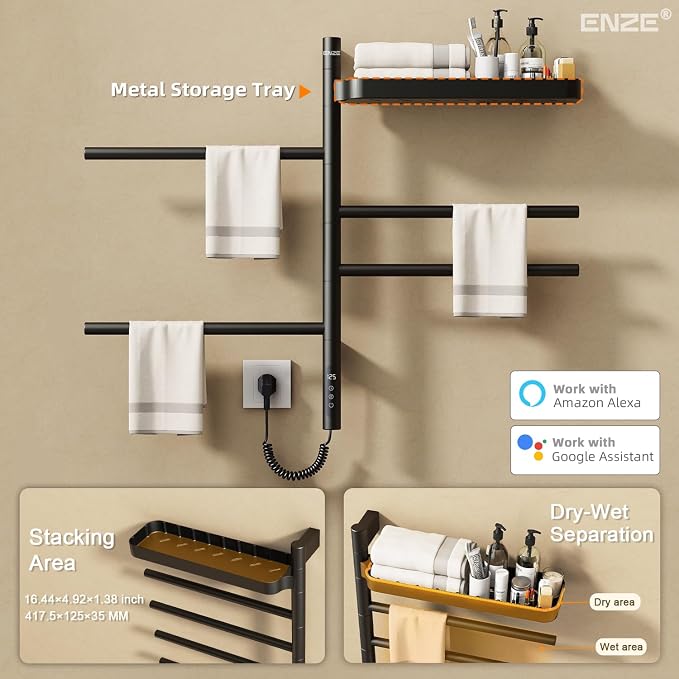 ENZE Smart Rotating Heated Towel Rack for Bathroom, 4-Bar Wall-Mounted Electric Towel Warmer with Swivel Shelf, Wi-Fi App Control, 24H Timer, Stainless Steel, IPX5, Hardwired/Plug-in, Matte Black