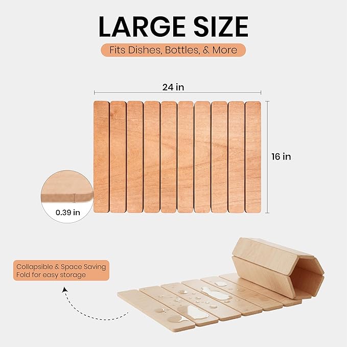 Large Stone Drying Mat 24"x16" – Diatomaceous Earth Stone Dish Drying Mat – Foldable, Ultra-Absorbent & Quick-Drying Countertop Protector for Cups, Plates, Utensils & Cookware - Wood Grain Textured