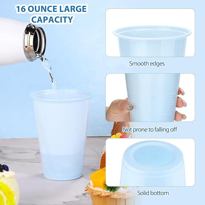 Kochorie 100 Pack Disposable Plastic Cups 16 Oz Solid Color Drinking Cups Party Supplies Strong and Sturdy Drinkware Cup For Birthday, Wedding, Baby Shower, Gender Reveal Party & Daily Use, Light Blue