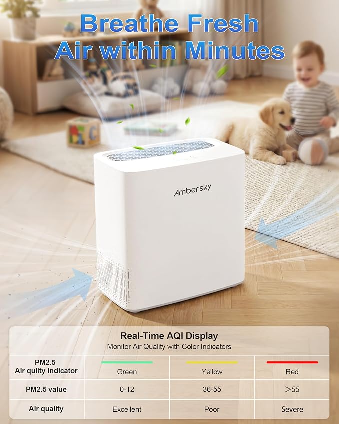 Ambersky Air Purifier for Home, True HEPA Air Cleaner Cover Up to 2000sq.ft with Real-Time Air Quality Sensor, Auto Mode, 23dB Sleep Mode, Pet Hair Dander Odor Smoke Dust Filter for Large Room