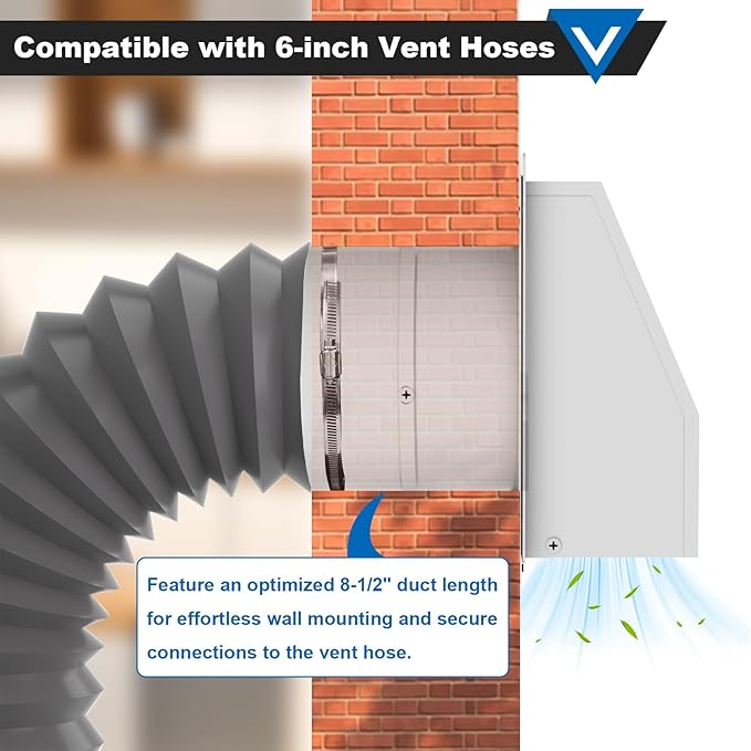 6 Inch Hooded Wall Vent with Screen and Damper, Galvanized Steel Wall Vent Cover White Metal Hood Cap Exhaust Duct Pipe Kit with Hose Clamp Aluminum Foil Tape Screw for Laundry Room Bathroom Basement