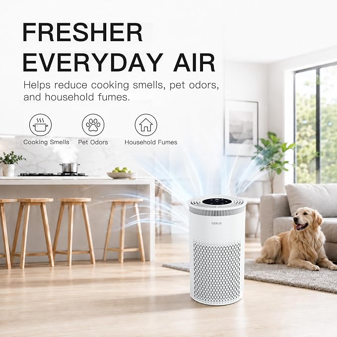 Azeus C8 True HEPA Air Purifier, 5-Stage Filtration, 360° Air Intake, Ultra-Quiet, Ideal for Large Rooms and Pet Owners, Ozone-Free (Medium)