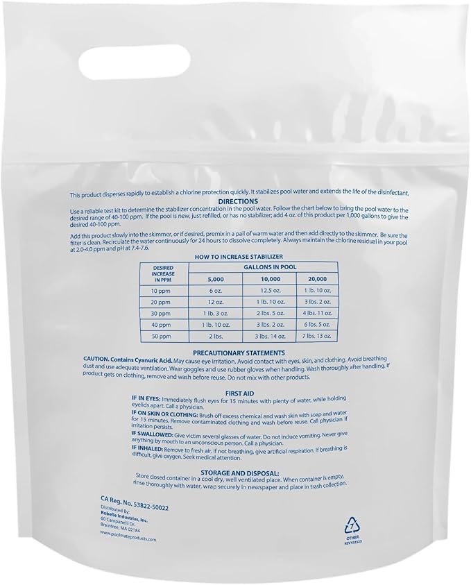 Pool Mate 7-Pounds Premium Pool Stabilizer and Conditioner, Concentrated Cyanuric Acid for Pools, Helps Chlorine Last Longer
