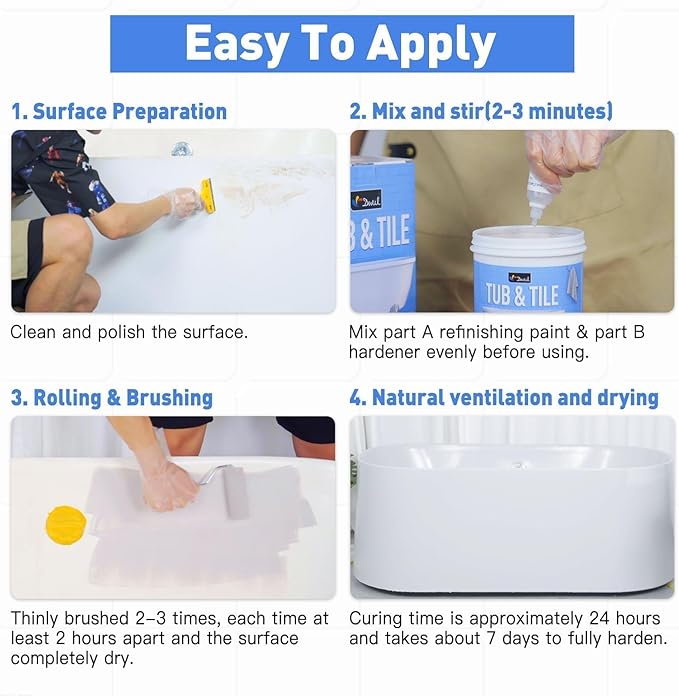 DWIL Tub Paint, Tub and Tile Refinishing Kit 33oz with Tools and 2 Grout Pen, White Bathtub Paint Water Based &Low Odor, Easy to Use Sink for Bathroom Kitchen, Semi-Gloss White, 50-55sq.ft