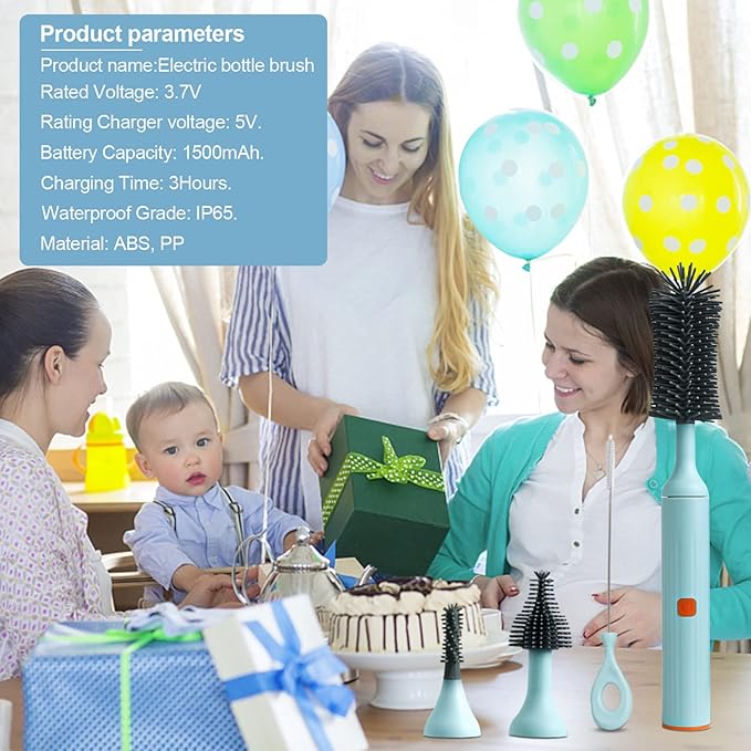 Electric Bottle Brush Cleaner Kit with Rechargeable Baby Bottle Brush Cleaner, Pacifiers Cleaner,Gap Cleaner, Long Straw Brush, Waterproof,Baby Newborn Essentials,Gift for Mothers,Blue