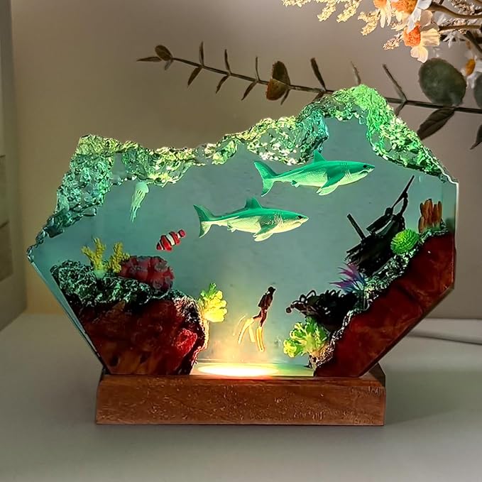Shark Resin Lamp, Scuba Diving Resin Ocean Lamp,Handmade Shark Decor Bedside Nightlight with Wooden Base, RGB Mode, Ocean Lovers Collectibles, Gifts for Christmas,Birthday Holiday (L 10"X6")