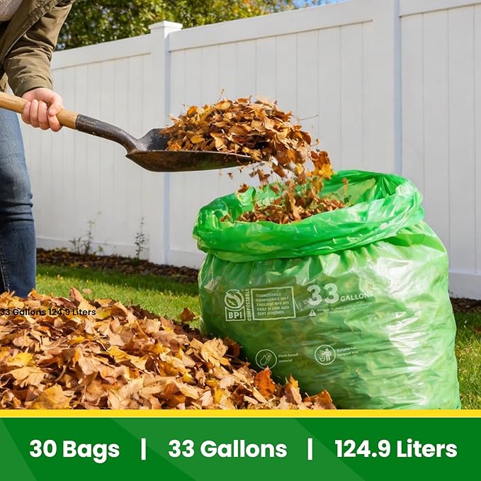 30-33 Gallon Compostable Trash Bags Liners Flat-Top, Heavy Duty Extra Thick 1.28 Mil, 124.92 Liter, 30 Bags, Lawn, Yard, and Restaurant Use, ASTM D6400, US BPI Certified