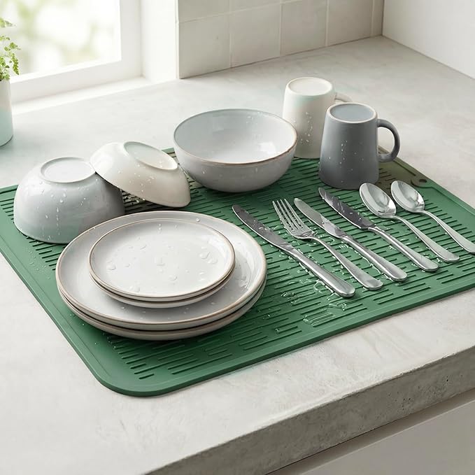 MicoYang Silicone Dish Drying Mat for Multiple Usage,Easy clean,Eco-friendly,Heat-resistant Silicone Mat for Kitchen Counter or Sink,Refrigerator or Drawer Liner Green XL 18 inches x 16 inches
