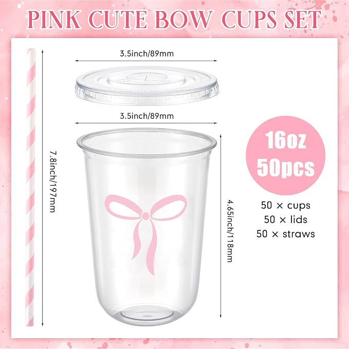 LemonRoad 50sets 16 oz Cute Pink Bow Cups Pink Birthday Party Decorations Supplies Cute Plastic Cups Disposable with Lids and Straws for Valentines Galentines Day Christmas Wedding Baby Shower