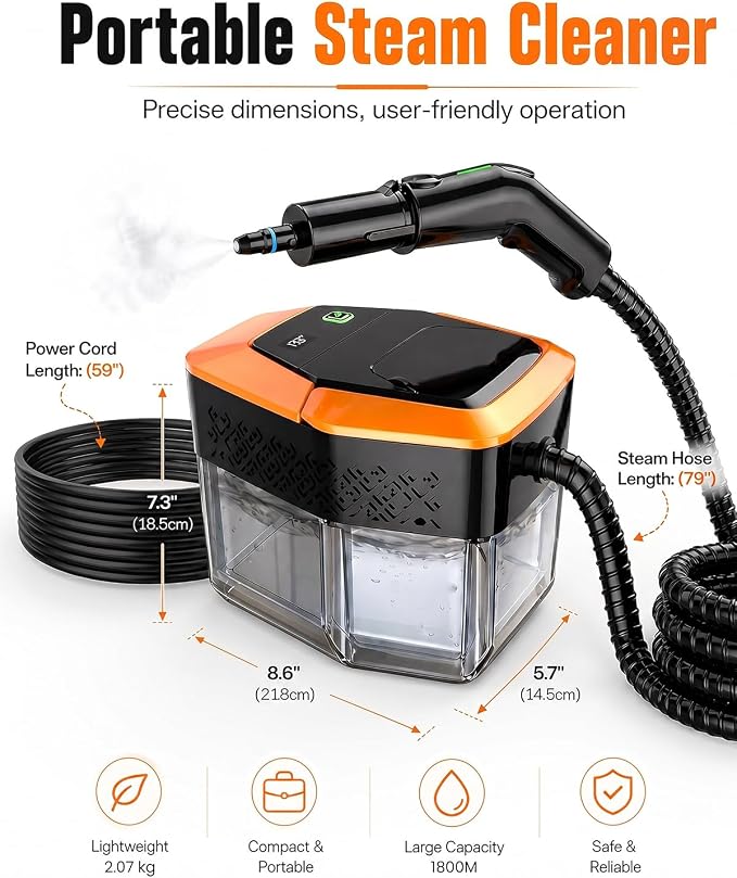 Steam Cleaner for Home & Car – Handheld Steamer for Cleaning with 2500W High Temperature, 3 Modes, 12 Accessories & 1.8L Large Tank, Portable Steam Cleaner for Couch, Grease, Kitchen, Bathroom, Car