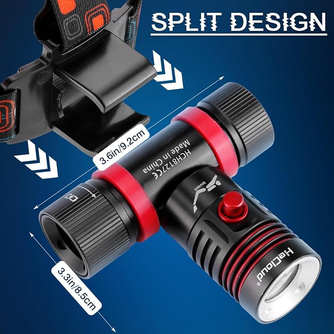 Scuba Dive Light 2000LM Super Bright Rechargeable Underwater Flashlight with IPX8 Waterproof, 3 Modes & USB Charging, Professional LED Diving Headlamp for Snorkeling, Caving, and Scuba Diving