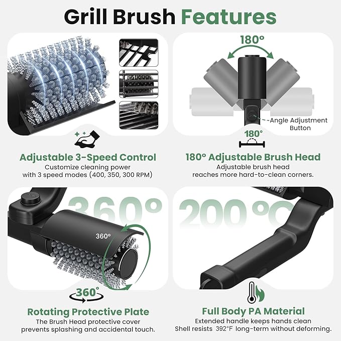 Electric Grill Brush for Outdoor Grill,Cordless Rechargeable Grill Cleaner with 180° Adjustable Angle,Presents Gifts for Mothers Day,Stainless Steel BBQ Grill Brush No Bristle Shedding,90 Mins Runtime