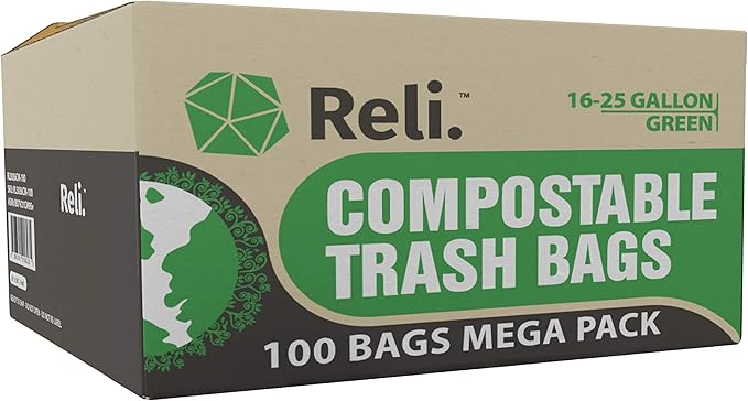 Reli. Compostable 16-25 Gallon Trash Bags | 100 Count Bulk | ASTM D6400 | Green | Eco-Friendly | For Compost