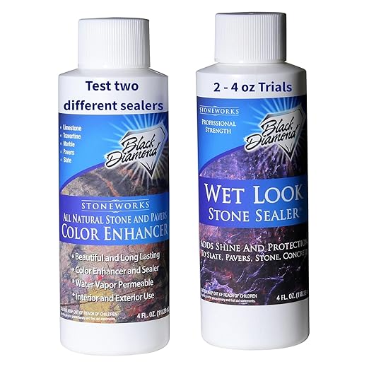 Wet Look Natural Stone Sealer. Durable, Long-Lasting Gloss Protection. Interior and Exterior Pavers, Slate, Sandstone, Travertine, Flagstone, Driveways, Garage Floors, etc. Black Diamond Stoneworks