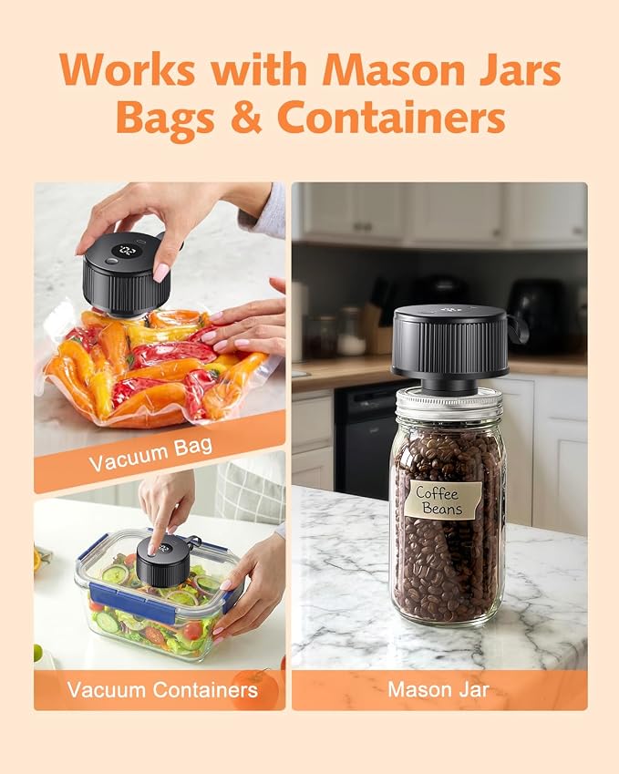 Electric Mason Jar Vacuum Sealer Kit, [2026 Upgraded] Automatic Cordless Jar Sealer for Wide & Regular Mouth Jars, One-Touch Food Saver for Canning, Homesteading & Meal Prep