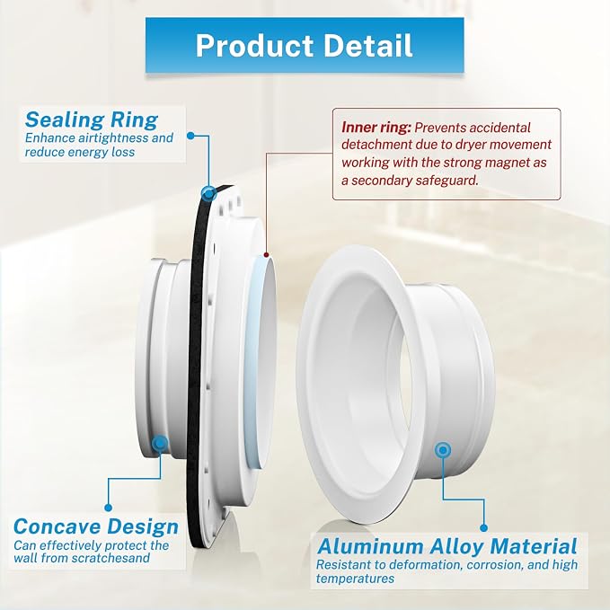 Hon&Guan Magnetic Dryer Vent Coupling Connector Kit DV180 with 4'' 2.6FT Semi Rigid Dryer Vent Hose for Tight Space & Aluminum Foil Tape,2 Clamps(White)