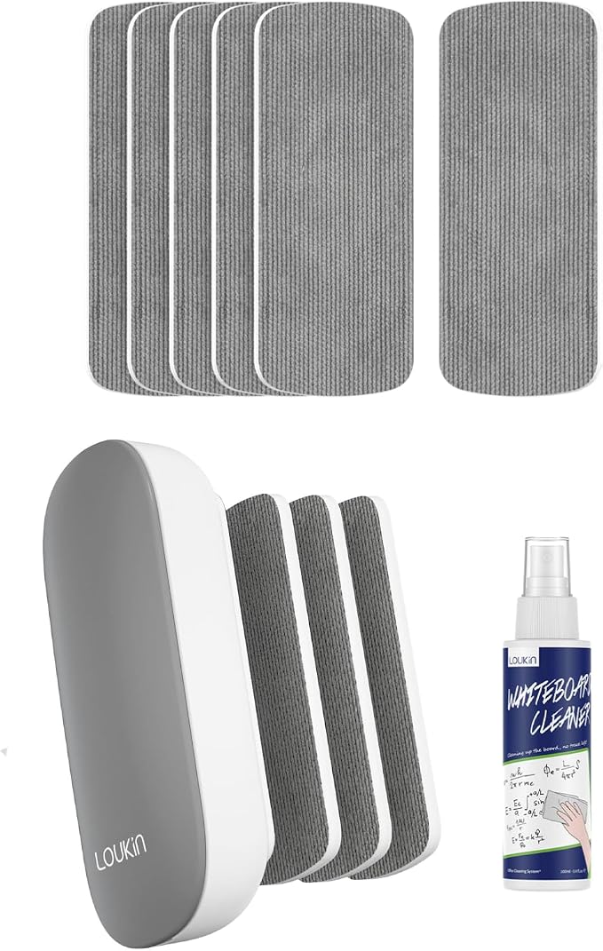 loukin Whiteboard Accessories Bundle | Replaceable Magnetic Dry Erase Eraser (Gray) & 6 Pack Refill Pads, & Whiteboard Cleaner (3.4 fl oz)