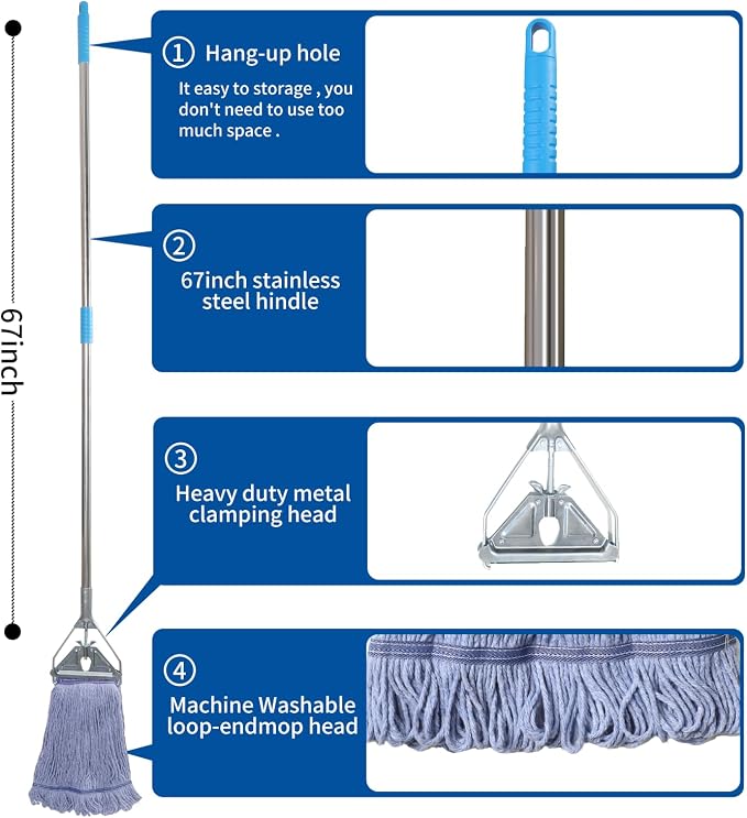 Midoneat Heavy Duty Loop End String Mop, 67Inch Stainless Steel Handle, Commercial Industrial Grade Mop for Floor Cleaning, 2 Packs