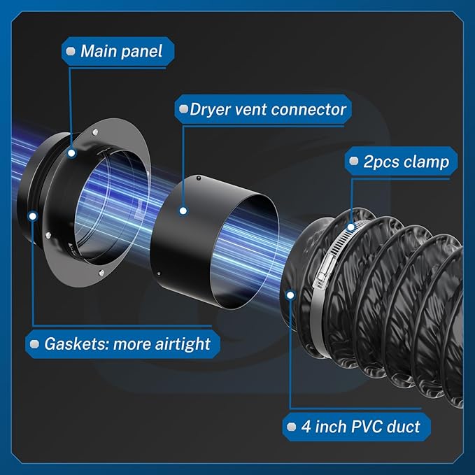 Hon&Guan 4In Dryer Vent Connector, Iron Twist Lock Dryer Vent Wall Plate and Insulated Flexible Duct 8FT with 2 Duct Clamps