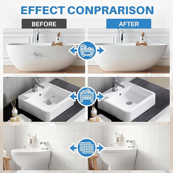 Tub and Tile Paint, 1.3 oz Tub Paint for Bathtub, 1-Part Bathtub Touch Up Paint White for Sink Bathroom Kitchen Countertop, Water Based & Low Odor, Semi-Gloss white, 1.5-1.7 sq ft (No Need Part B)