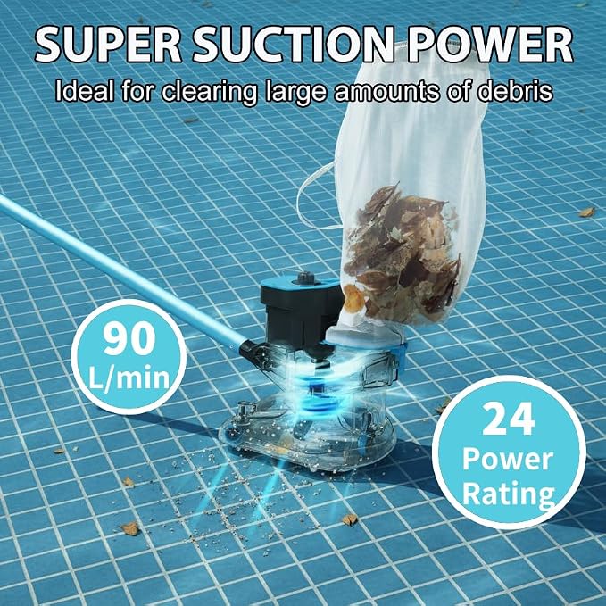 Cordless Pool Vacuum Cleaner, 24 GPM Powerful Suction Handheld Pool Cleaner with 75-Min Runtime, 20L Total Capacity (Two 10L Filter Bags) for Inground & Above Ground Pools, Hot Tubs